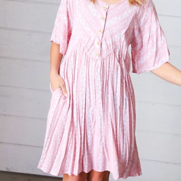 NEW! BOHO BLUSH FLORAL STRIPE YOKE BUTTON WOVEN POCKETED DRESS - Picture 2 of 5